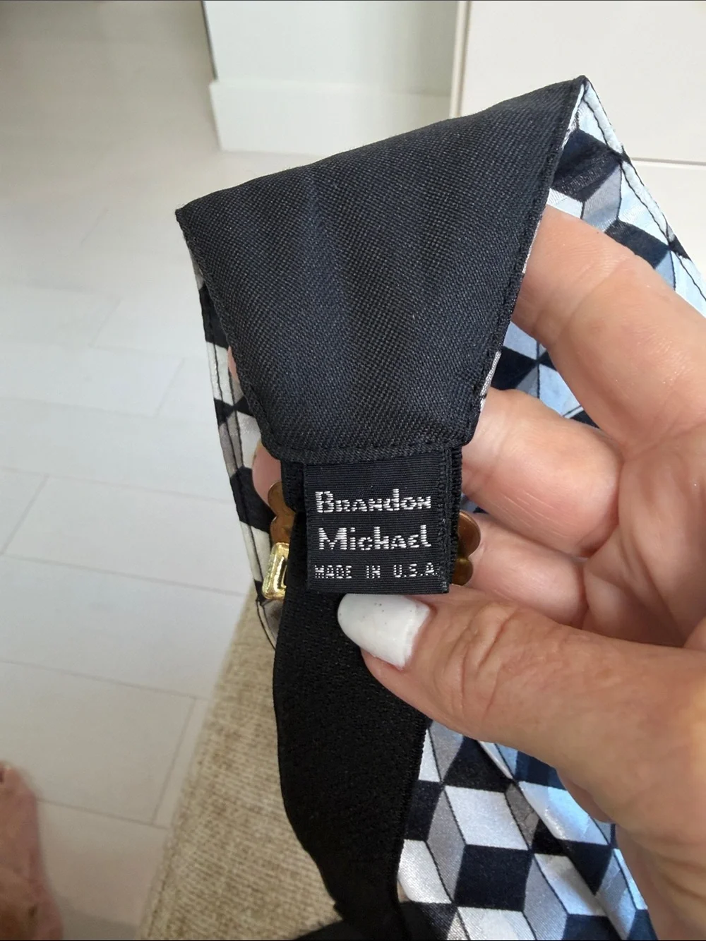 Michael Brandon Black & White Geometric Cummerbund & Bow Tie with pocket square